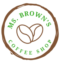 logo for ms browns coffee shop green and brown with coffee bean inside